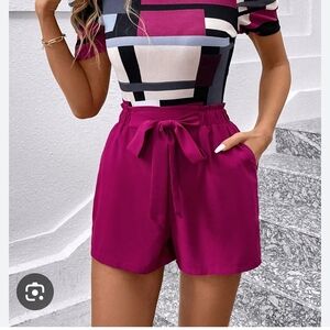 Women's 2pc SHEIN High Waist Magenta Shorts With Pattern Top